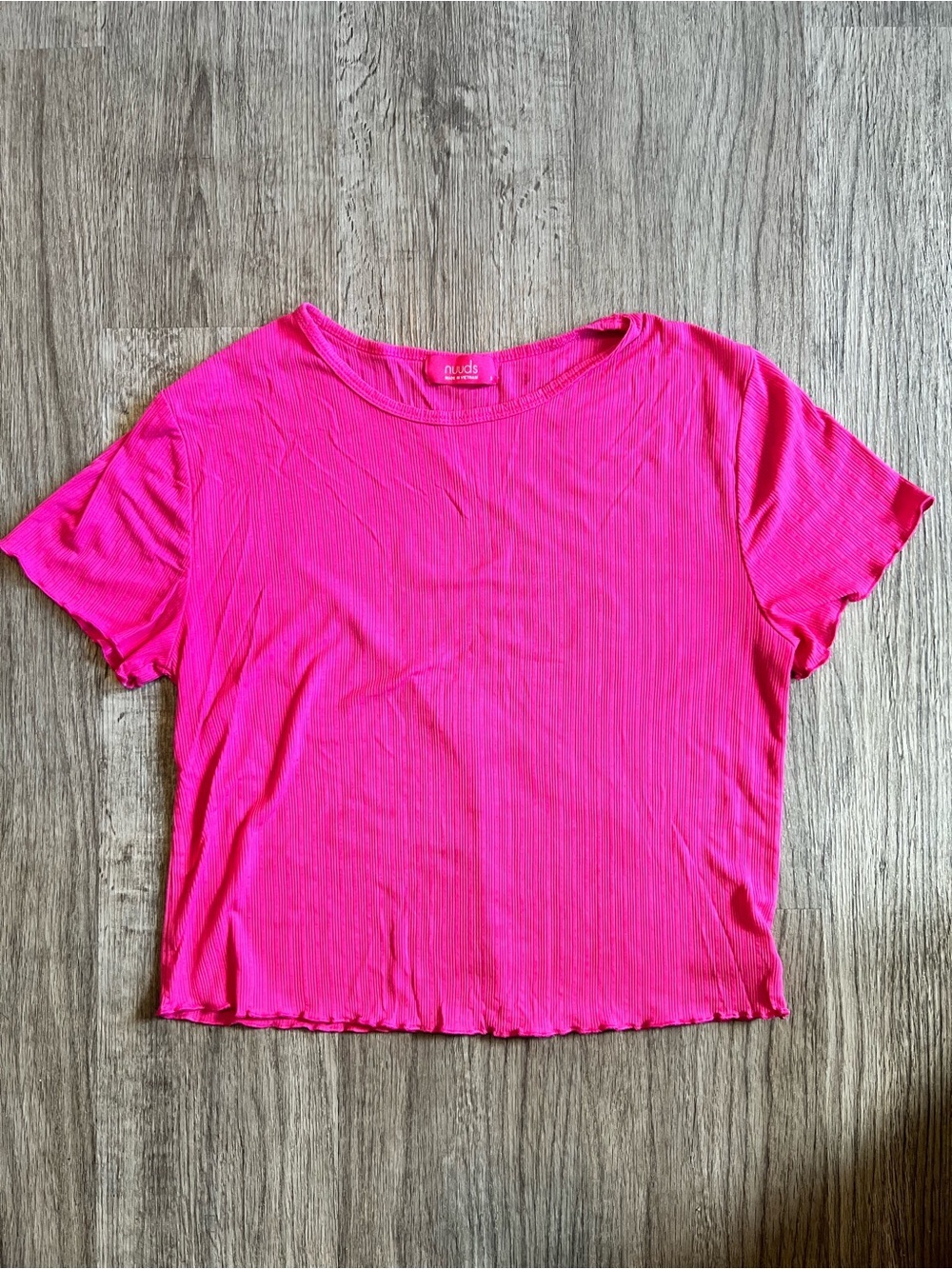 Nuuds Hot Pink Ribbed Lettuce Trim Short Sleeve Top